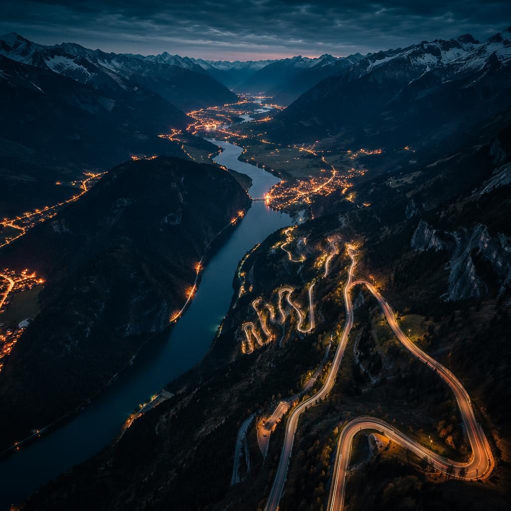 Drone aerial photograph: river through valley, panoramic wide angle at night with city lights. vintage film, high-contra