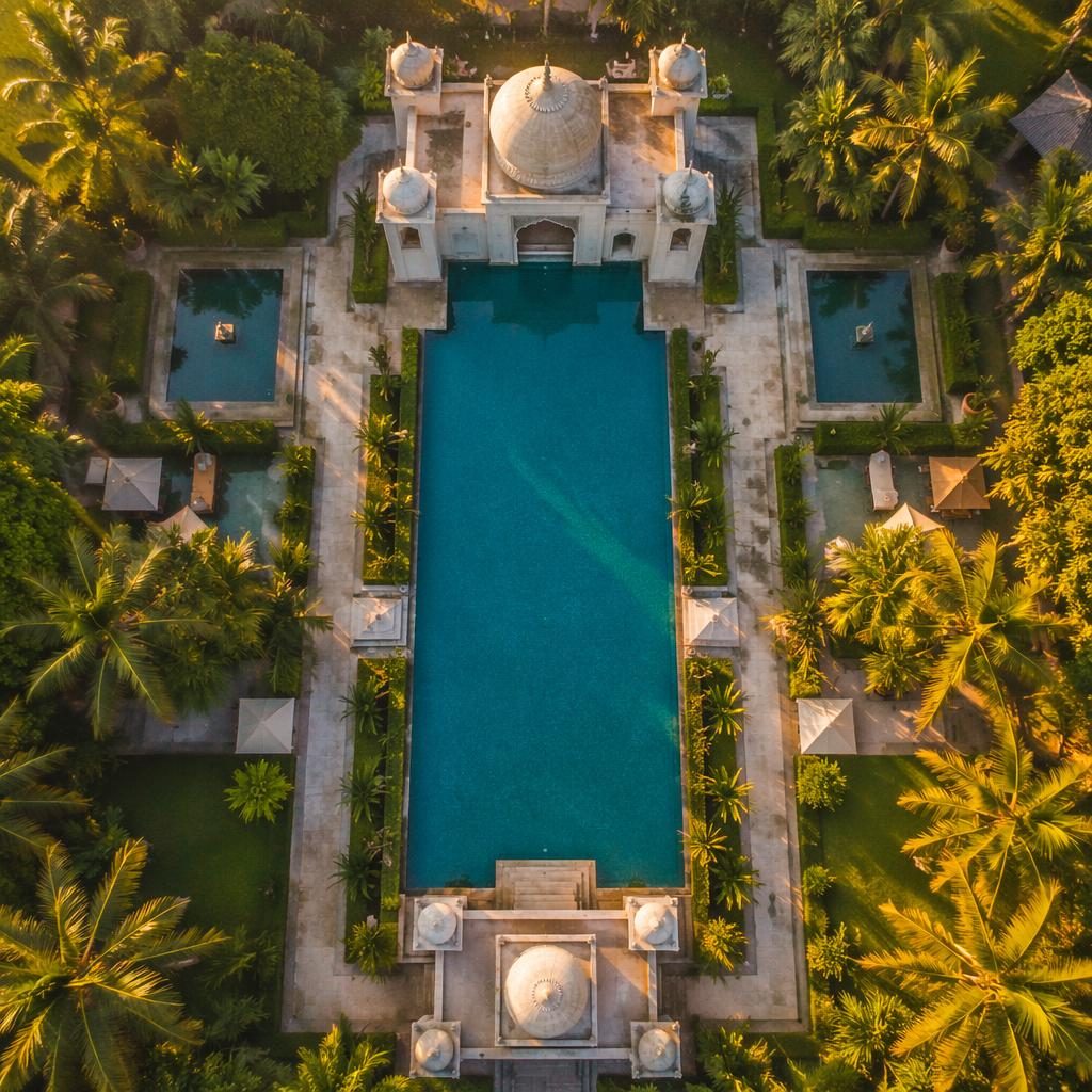 Senkrechte Drohnenaufnahme eines tropischen Luxus-Resorts mit Infinity-Pool bei goldener Stunde, symmetrisch komponiert.
