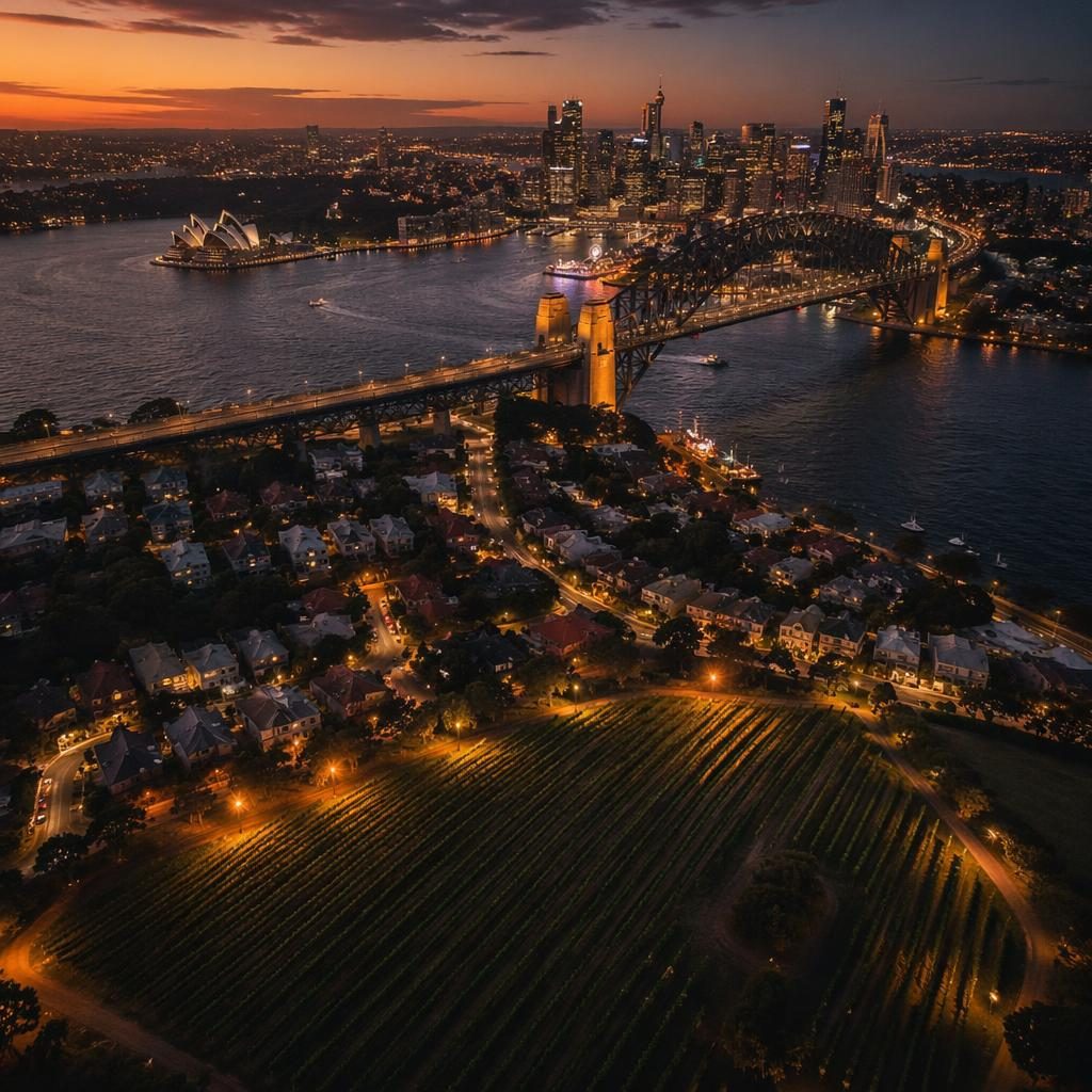 Drone aerial view of vineyard rows at night near the top of Sydney Harbour Bridge with city lights and warm vintage tones.