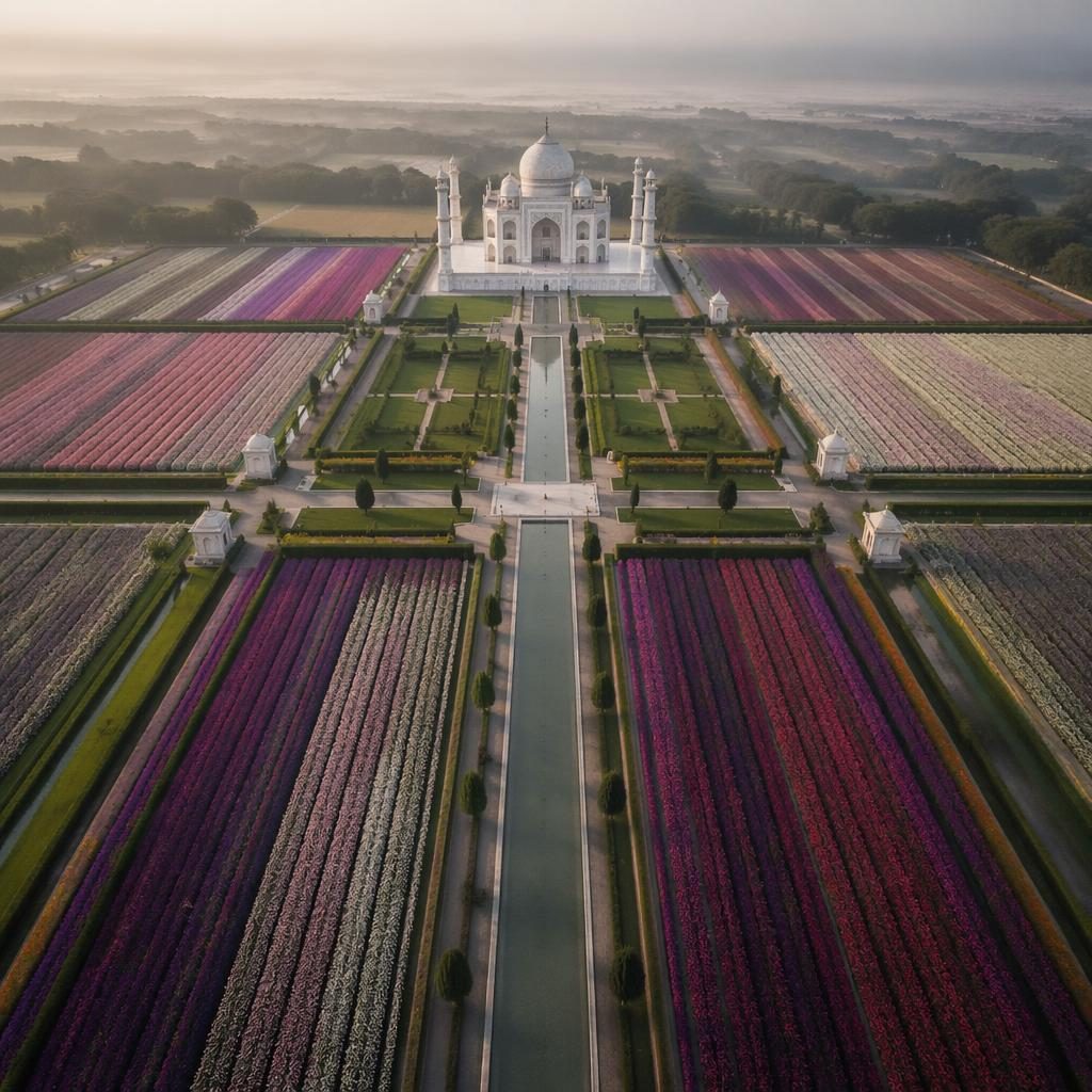 Drone aerial view of symmetrical lavender and tulip fields at dawn under overcast light, with muted pastel tones.