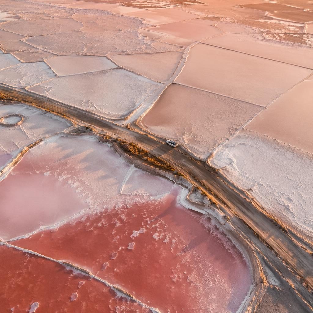 Top-down drone view of an infinity pool resort at golden hour with tropical tones and salt flat-inspired patterns.