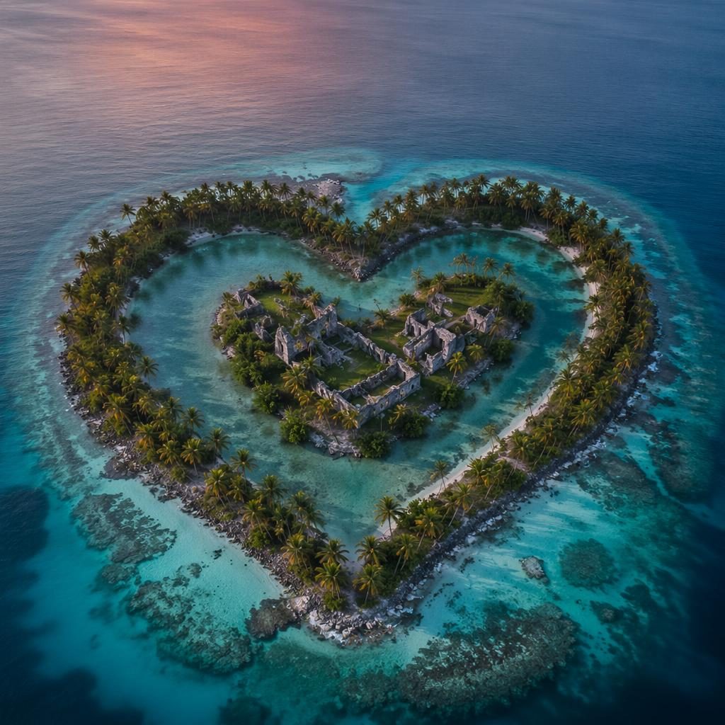 Photo aérienne oblique d’un atoll de palmiers en forme de cœur avec ruines anciennes à l’heure bleue