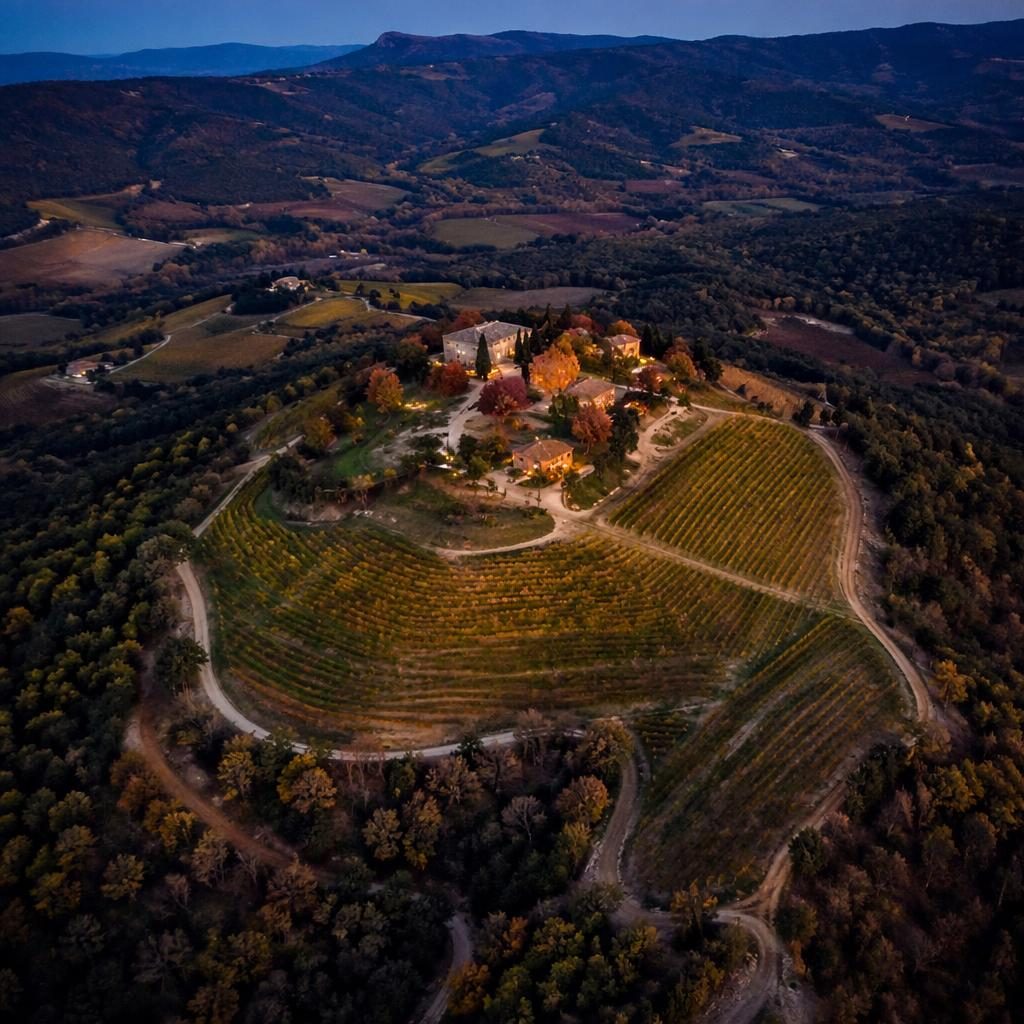 Schrägluftbild aus Drohnenperspektive über Weinland im Herbst bei blauer Stunde, mit Hügeln und Rio Sugar Loaf Top