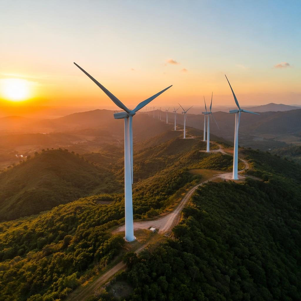 Top-down drone view of an infinity pool resort at golden hour with wind farm rows nearby in a realistic aerial scene.