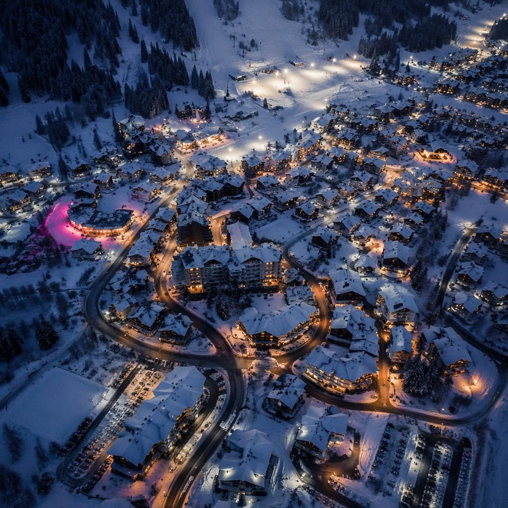 Vue aérienne nocturne en plongée d’un village de ski enneigé, chalets éclairés et routes dans un paysage d’hiver.