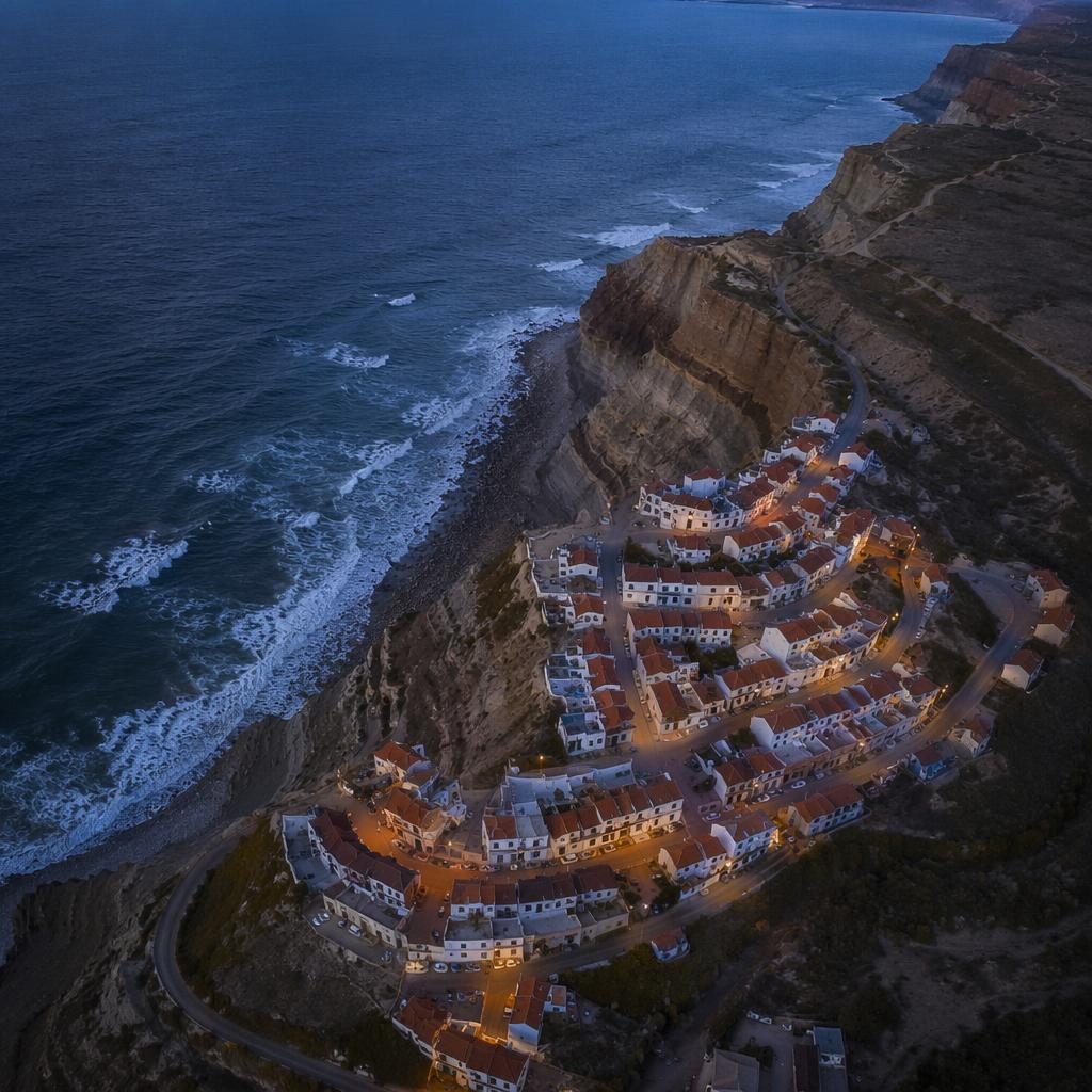 Fotografía aérea oblicua al anochecer de dunas y acantilados junto a un pueblo pesquero en la costa de Portugal.