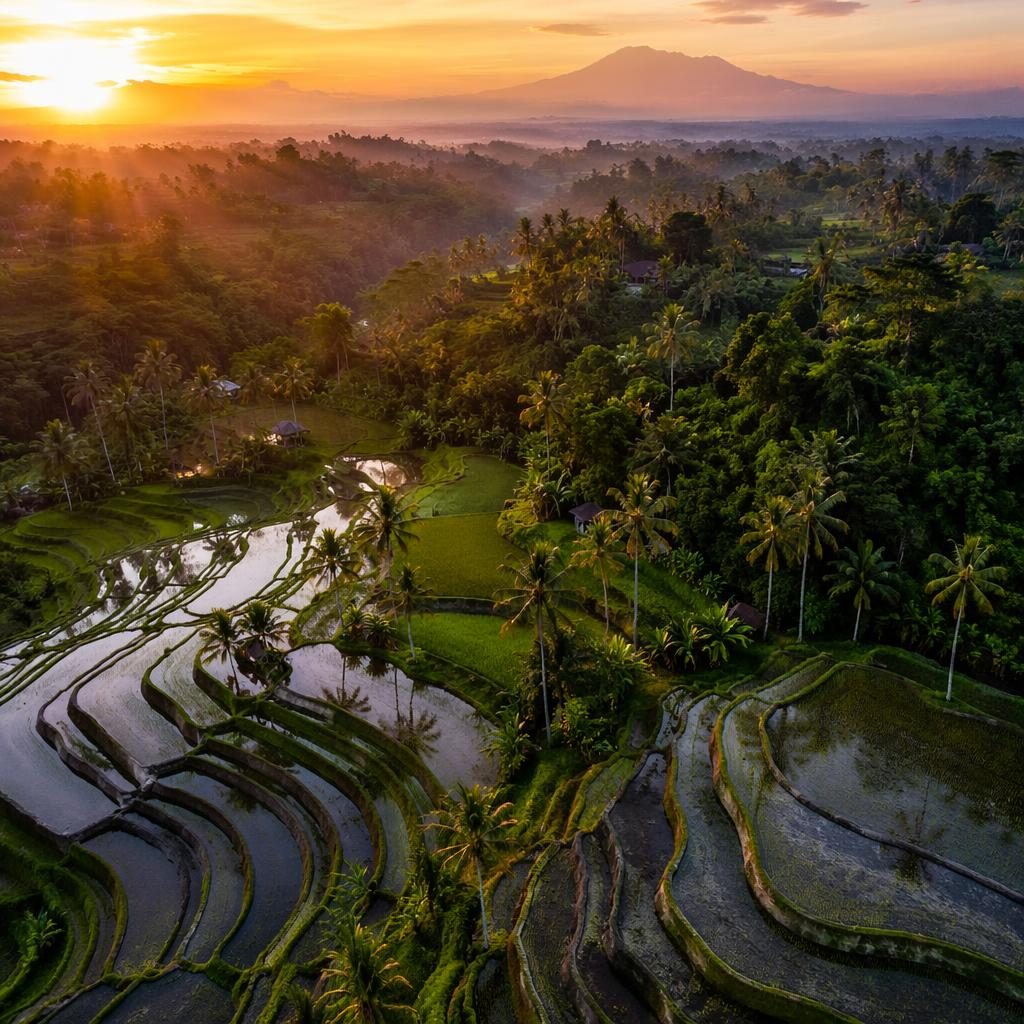 Drone aerial view of Bali rice terraces at blue hour, 45-degree angle, vibrant tropical tones and sharp detail