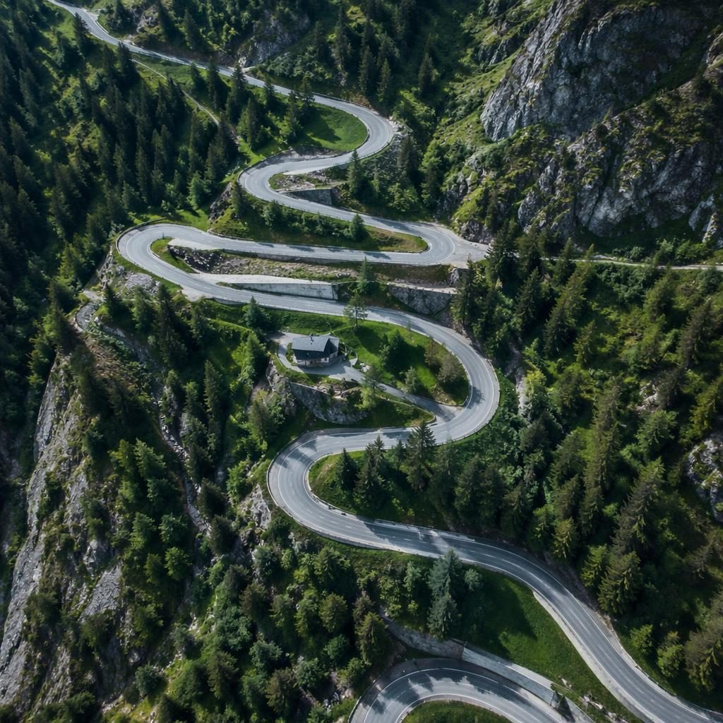 Vue aérienne par drone de ruines anciennes et lacets d’autoroute alpins sous ciel couvert, palette tropicale vibrante