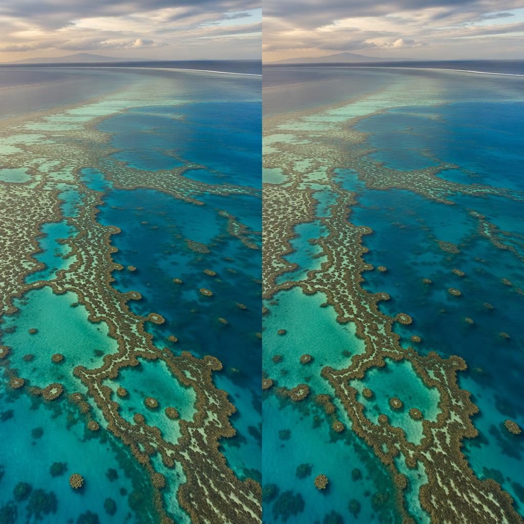 Drone aerial view of Great Barrier Reef coral patterns forming patchwork shapes under soft overcast sunset light.