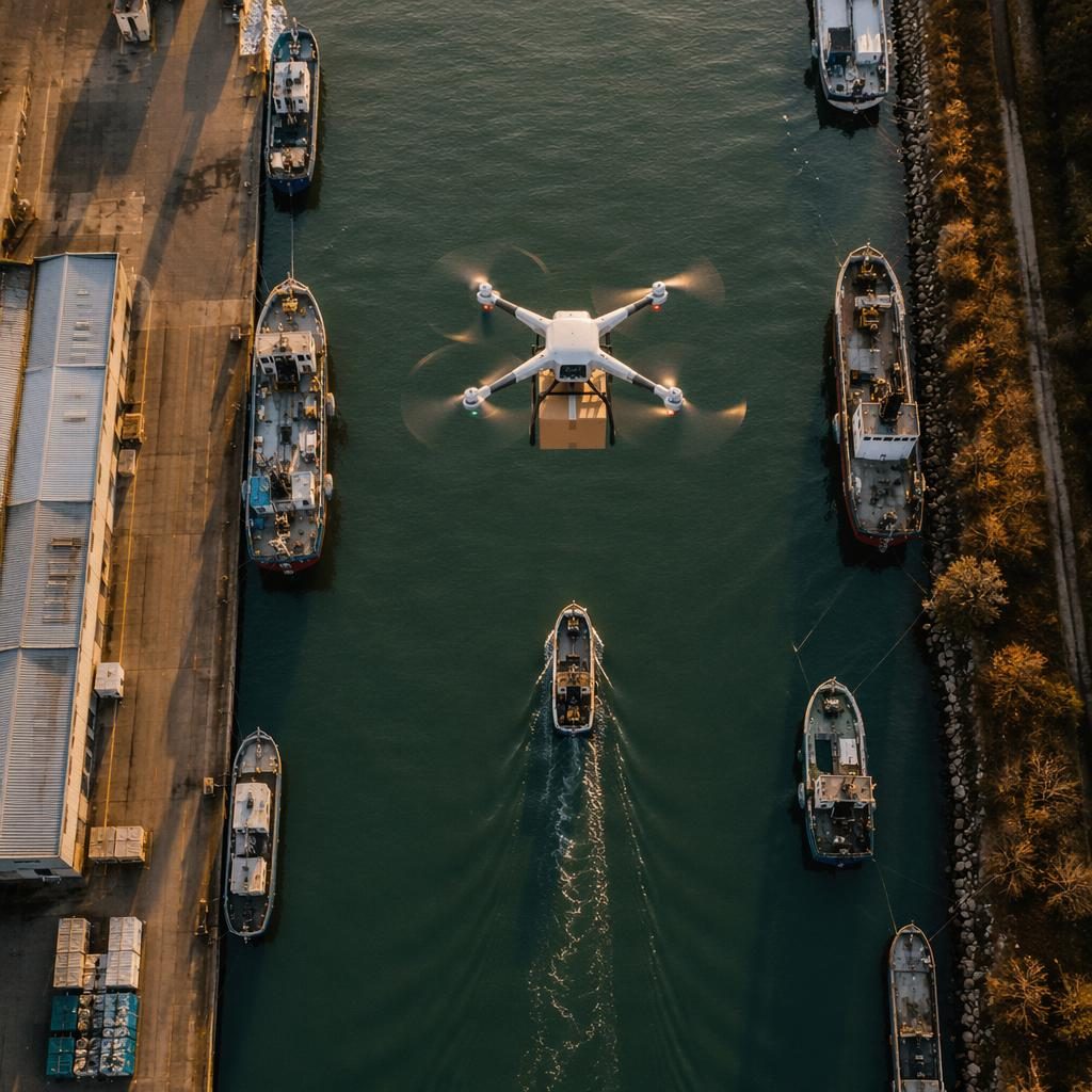 Top-down drone view of a harbor with boats at golden hour, autumn earth tones, symmetrical layout, sharp realistic detail.