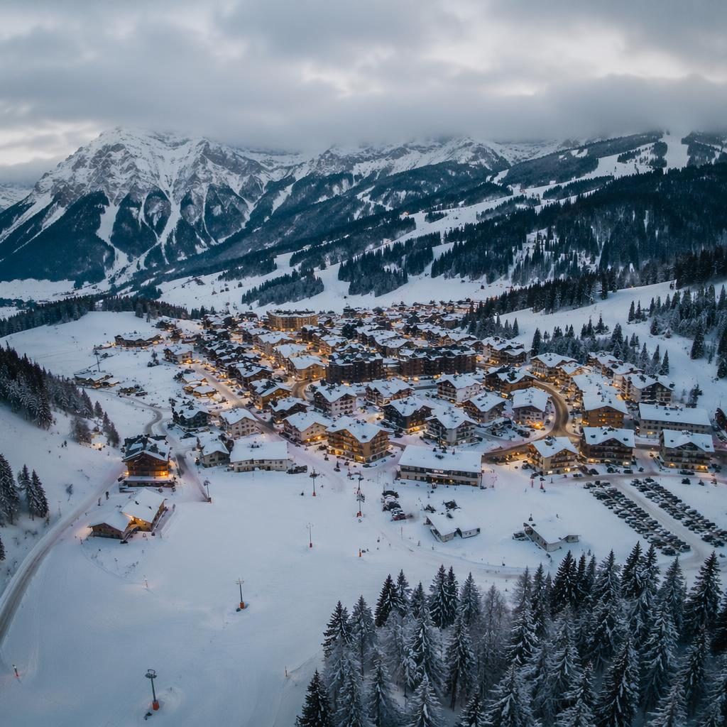 Vue aérienne en drone d’un village de station de ski enneigé, angle plongeant, lumière douce couverte, rendu photoréaliste
