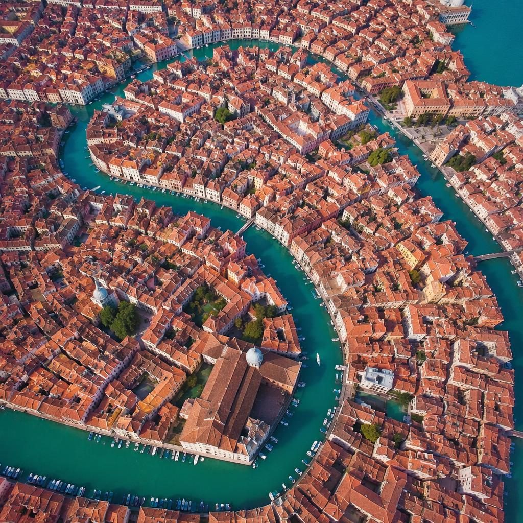 Low-altitude drone view of Venice canal grid at morning, with historic buildings, clear water, and sharp top-down detail.