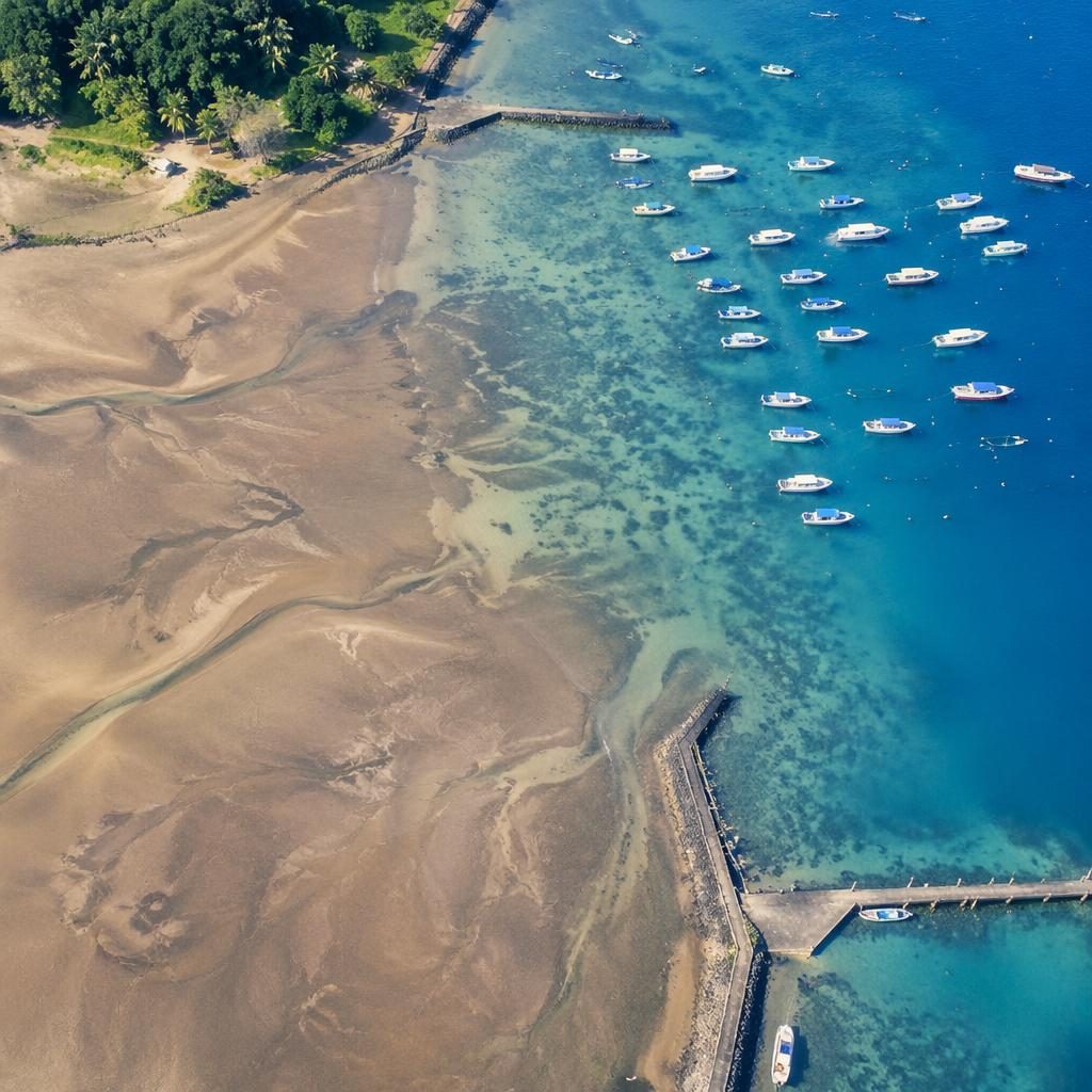 Drone aerial view of a harbor with boats, blue ocean water, and beach tracks visible at low tide under clear noon light.