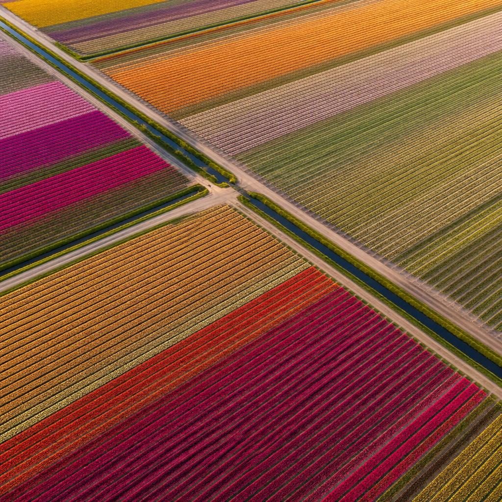 Drohnenansicht von gestreiften Tulpenfeldern in den Niederlanden bei klarem Himmel, farbenfroh und detailreich.