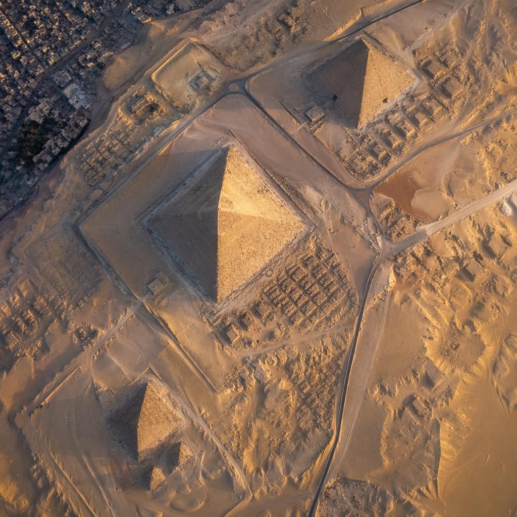 Top-down drone view of the Giza pyramids at dawn, with warm golden light, desert textures, and sharp geometric detail.