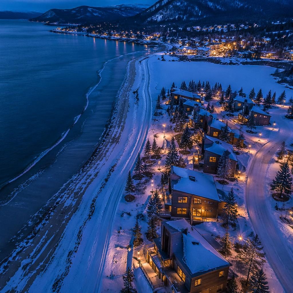 Drone aerial view of a snowy alpine resort at blue hour, shot at a 45-degree angle with crisp slopes and tracks.