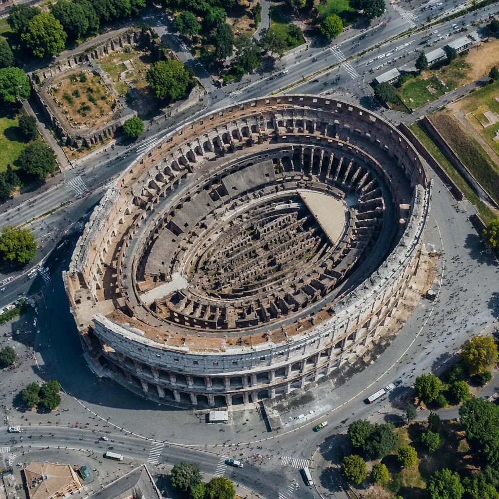 Drone aerial view of Roman Colosseum oval ruins near an industrial port, with blue ocean water and sharp noon detail.