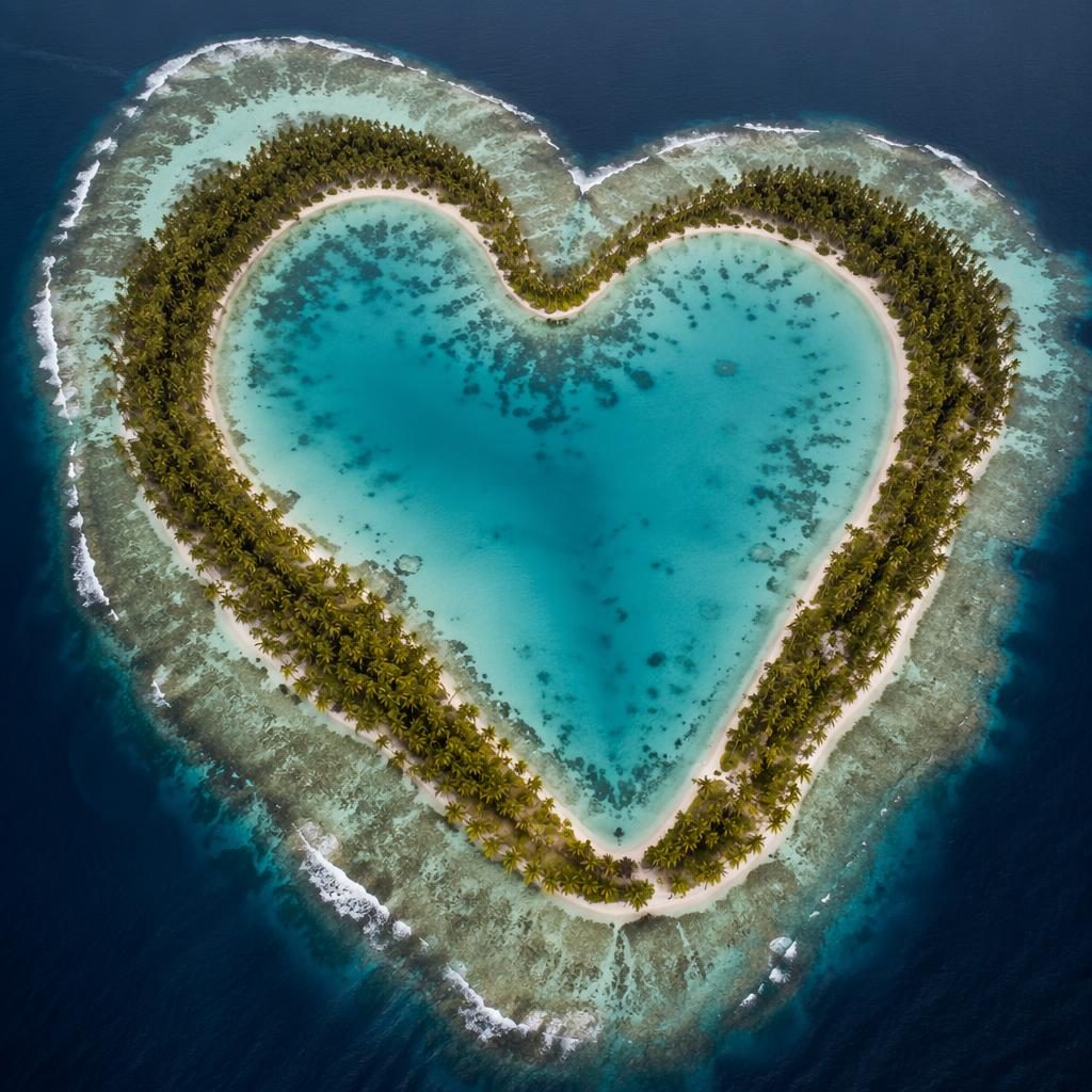 Photo aérienne par drone d’un atoll en forme de cœur avec palmiers, eau calme et tons d’automne sous ciel couvert