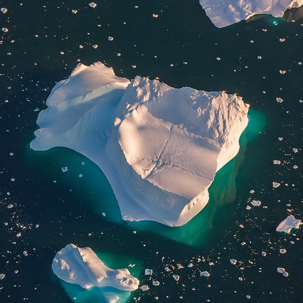 Top-down drone view of a melting Greenland iceberg at golden hour with warm light, realistic textures, and sharp aerial detail.