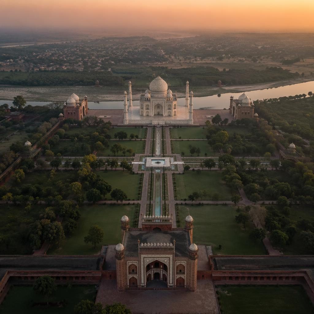 Vue aérienne nocturne d’une ville dense, panorama grand angle avec lumières urbaines et composition symétrique inspirée du Taj Mahal.