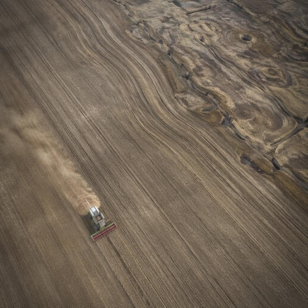 Drone aerial view of patchwork farm fields with a wheat harvester, overcast light, high-contrast cinematic top-down detail