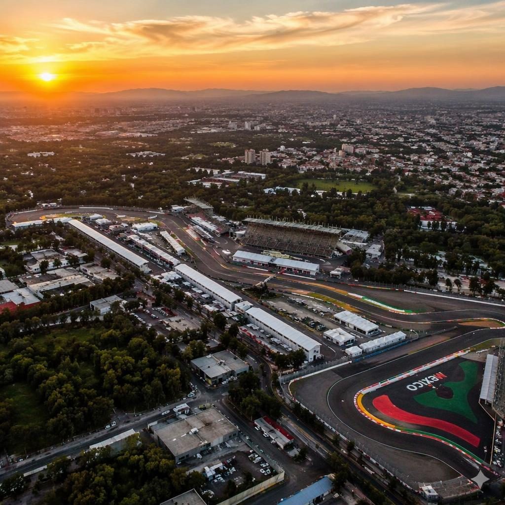 Vista aérea inclinada de resort con piscina infinita al atardecer junto a campos de lavanda en franjas, estilo fotorealista