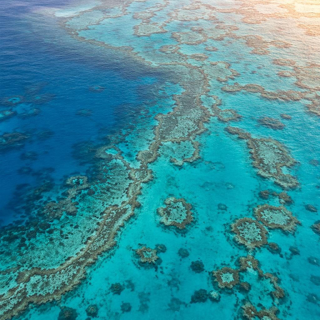 Schräg aufgenommene Luftaufnahme von Korallenmustern am Great Barrier Reef im kühlen Dämmerlicht
