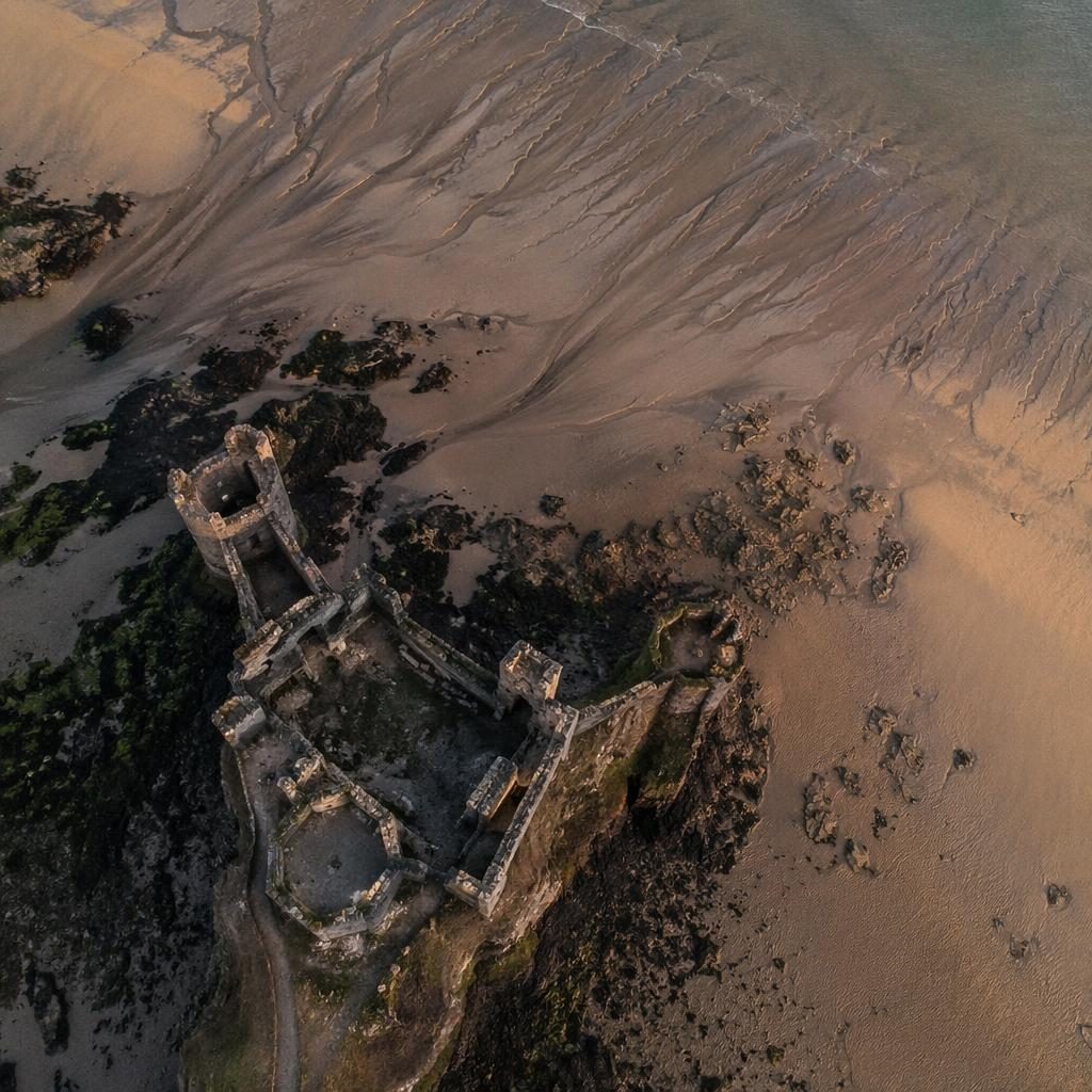 Drone aerial view of ancient beach ruins at low tide with track patterns, warm sunset tones, and overcast soft light