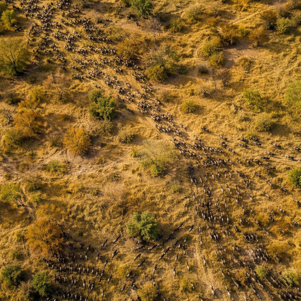 Vue aérienne verticale d’un troupeau en migration sur savane aux tons d’automne, lumière de midi claire