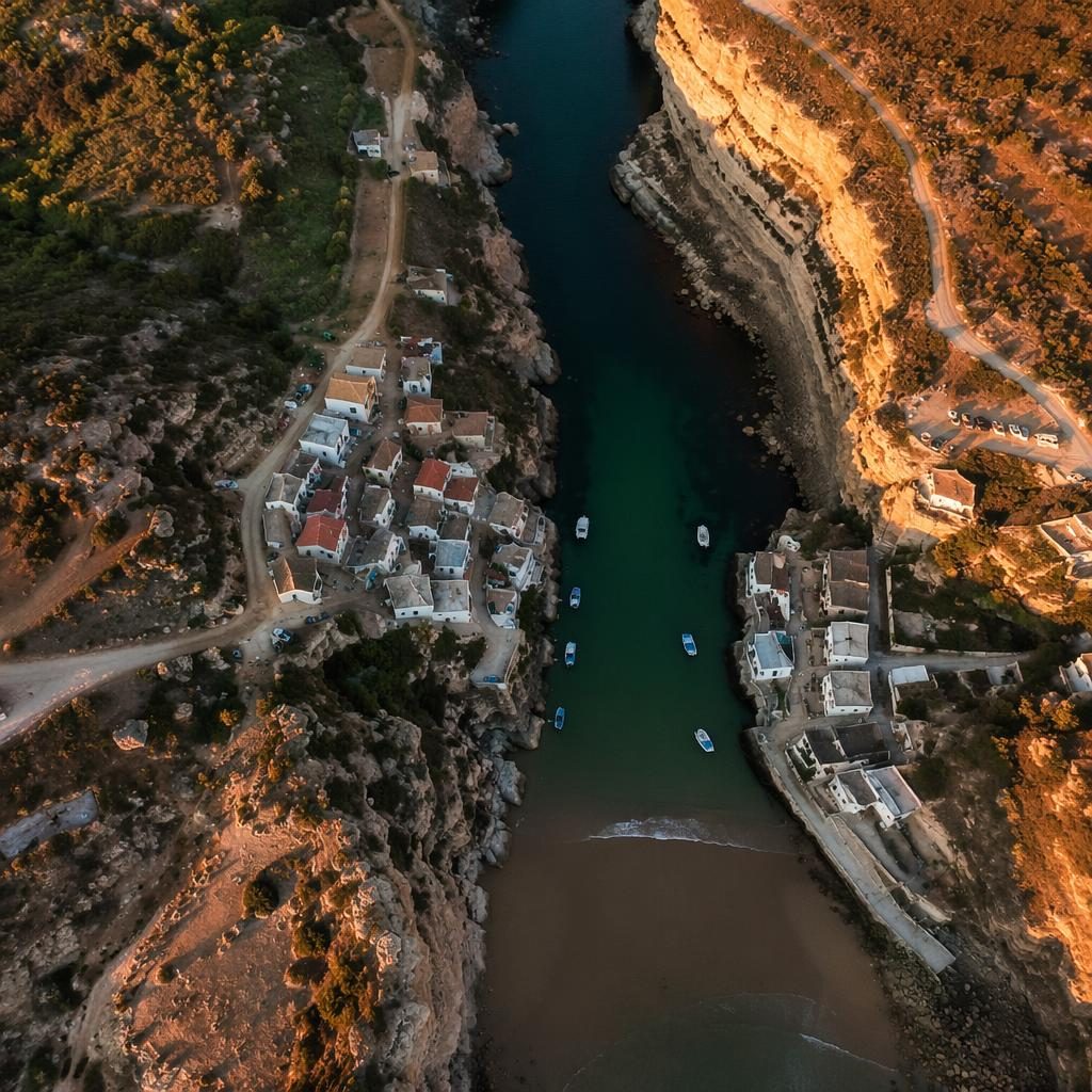 Top-down drone view of a river winding through a Portuguese fishing village valley with cliffs at golden hour.