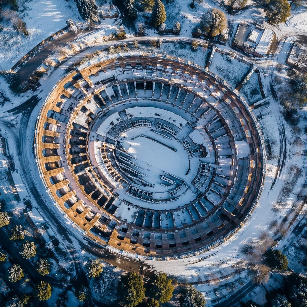 Top-down drone view of snowy oval ruins resembling the Roman Colosseum at golden hour in cool blue tones.