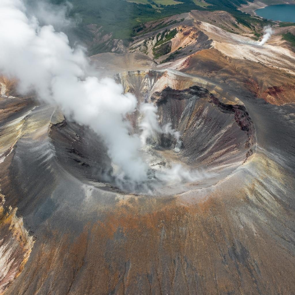Low-altitude drone view of lavender and tulip fields beside a steaming volcanic crater under clear noon light.