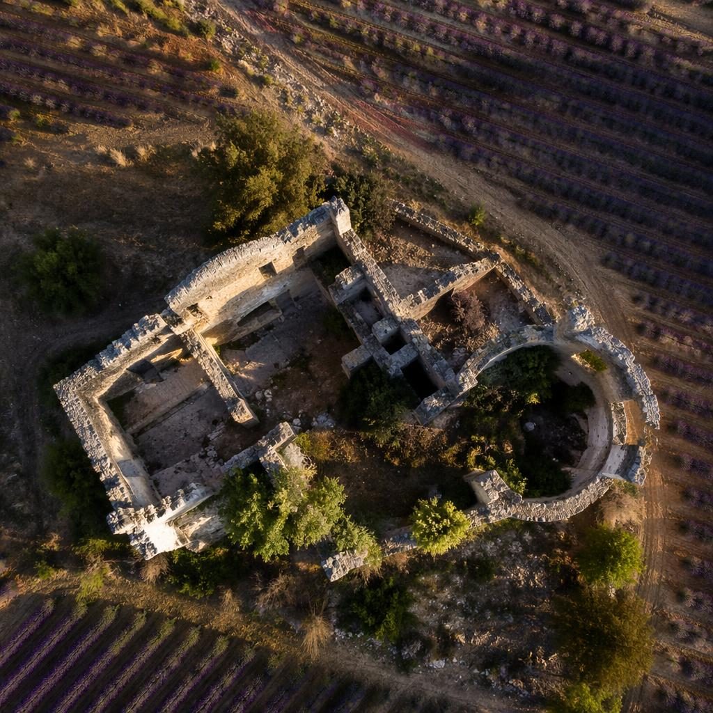 Top-down drone view of ancient ruins amid striped lavender fields in Provence at golden hour, in muted pastel tones.