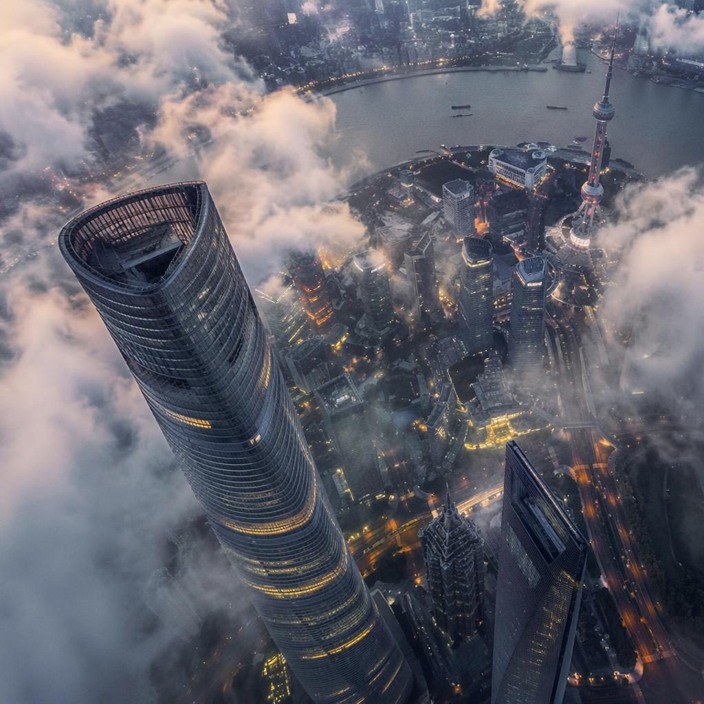 Drone aerial view of an infinity pool resort at dusk beside a foggy Shanghai skyscraper cluster, tilted top-down.