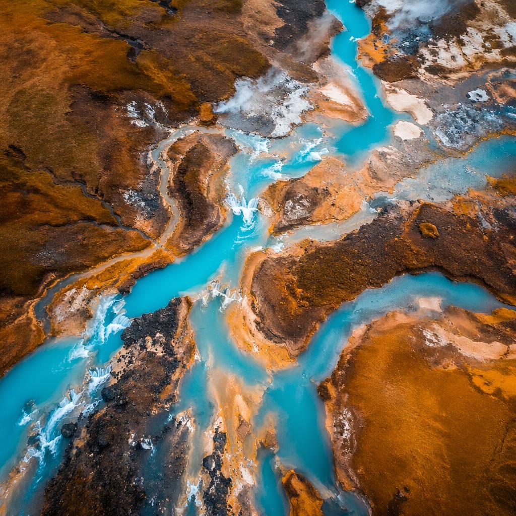 Vista aérea de un puerto con barcos junto a patrones de río geotermal en Islandia, al mediodía y cielo despejado.