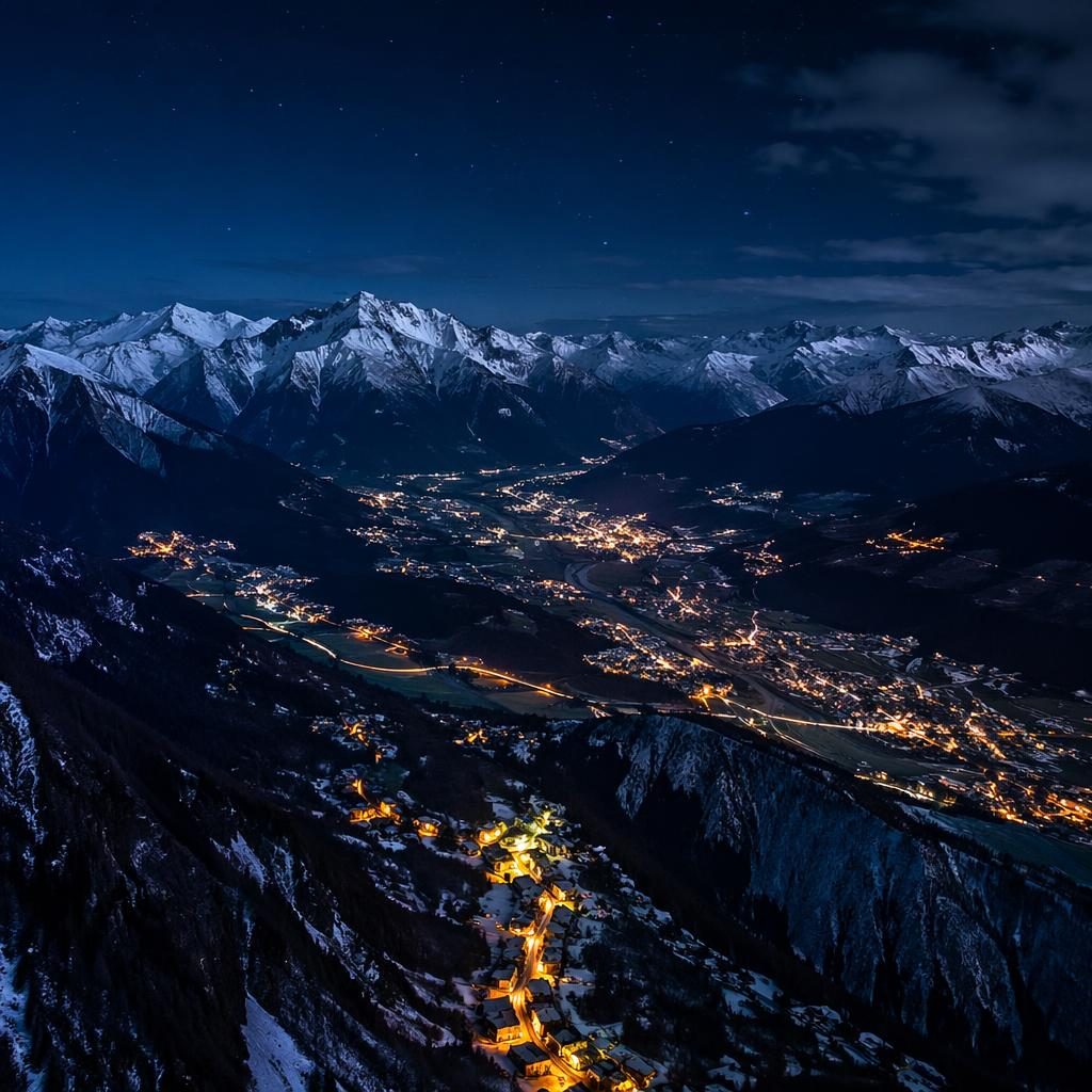 Vue aérienne nocturne d’un vignoble en rangs avec moissonneuse dans un champ, lumières urbaines et palette bleu froid