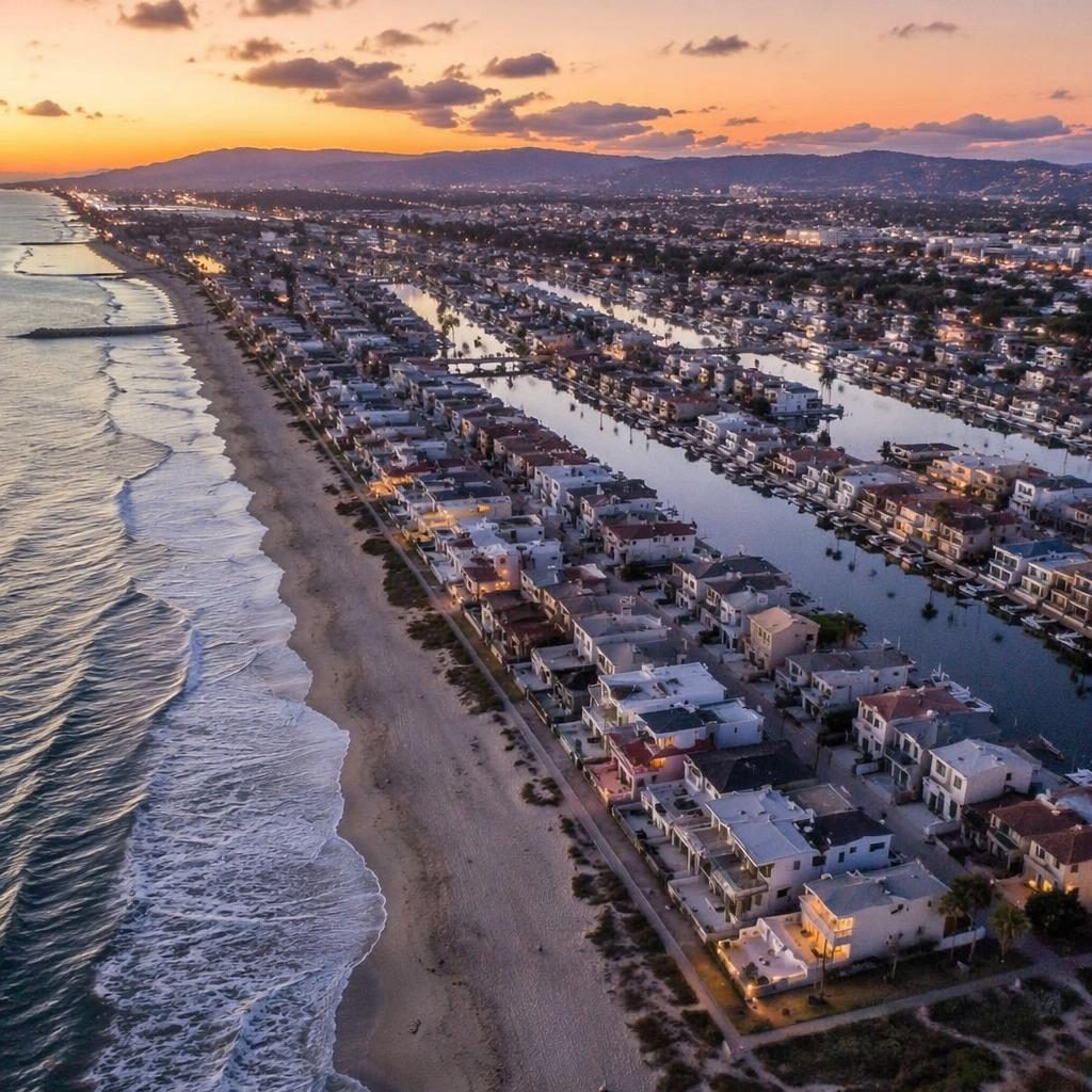 Drone aerial view of a coastal beach and cliffs at blue hour, shot at a 45-degree angle with warm sunset tones.