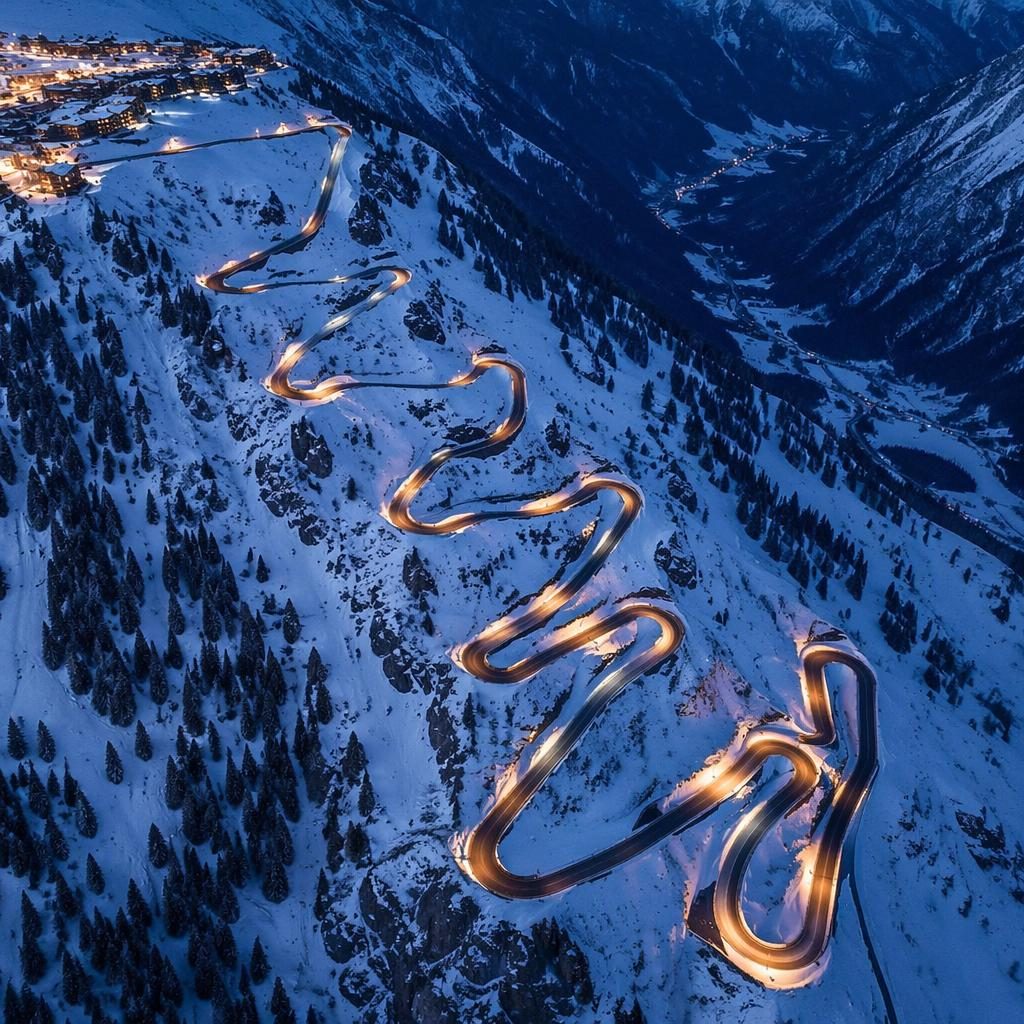 Drone aerial view of a snowy alpine resort at blue hour with highway switchbacks, sharp top-down detail and modern contrast.