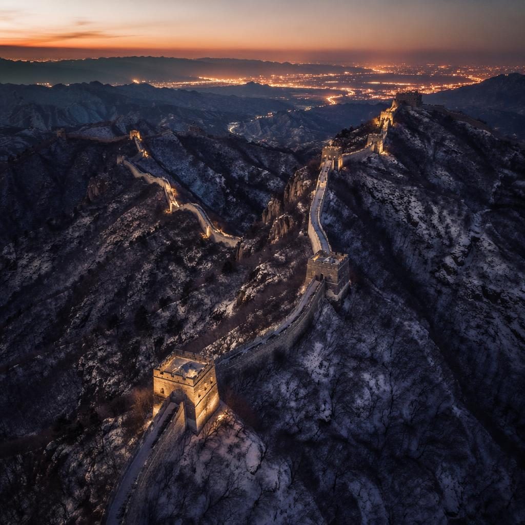 Vue aérienne de nuit d’une crête montagneuse façon grande muraille, forêt d’automne et lumières de ville au loin.