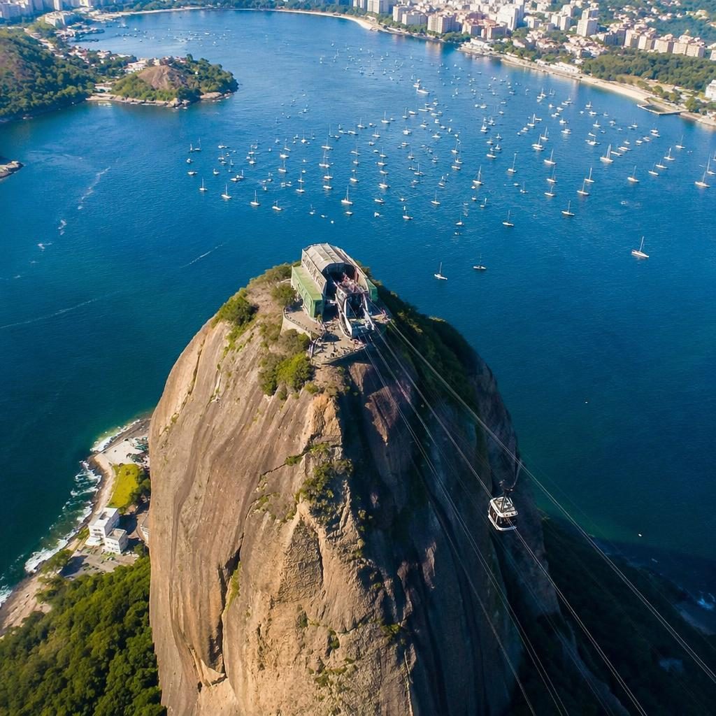 Schrägluftbild eines Hafens mit Booten vor dem Zuckerhut in Rio, klare Mittagsstimmung und blaues Meer