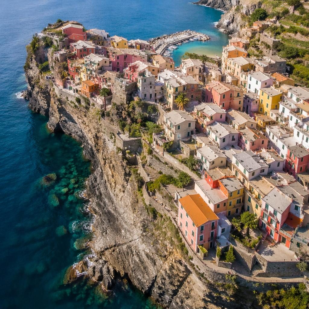Low-altitude drone view of vibrant lavender and tulip fields beside Cinque Terre cliffside towns at noon.