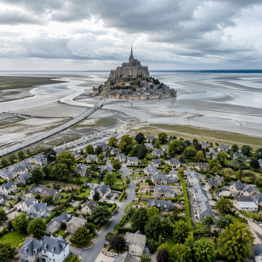 Drone aerial view of Mont Saint Michel tide with sweeping coastal water, soft overcast light, and sharp top-down detail