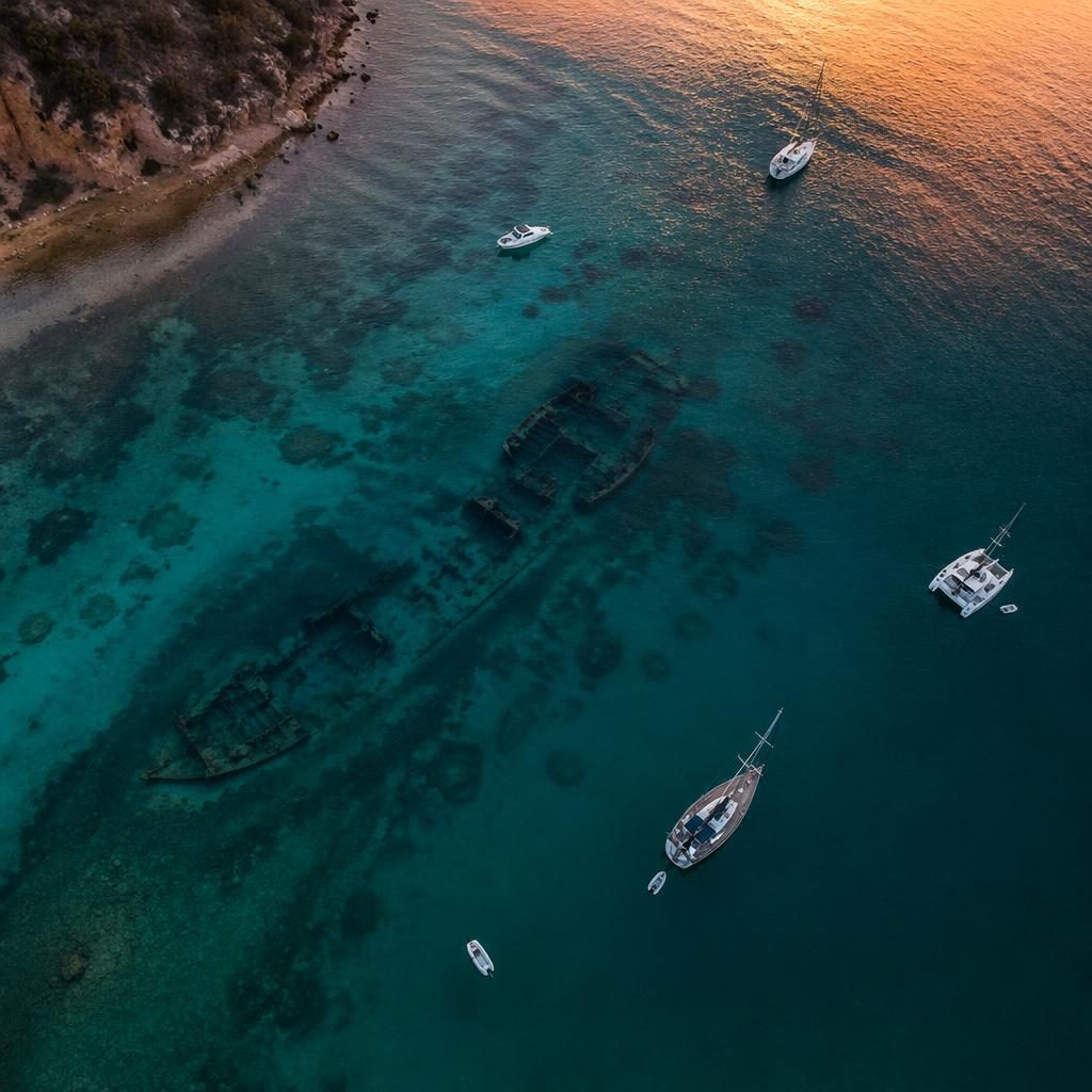 Drone aerial view of a harbor with boats and a shallow shipwreck reef at dusk, shown in a dynamic tilted angle