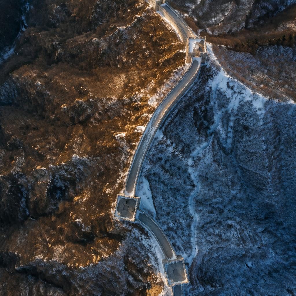 Vue aérienne verticale de rizières en terrasses dorées près d’une crête montagneuse hivernale à la lumière dorée.