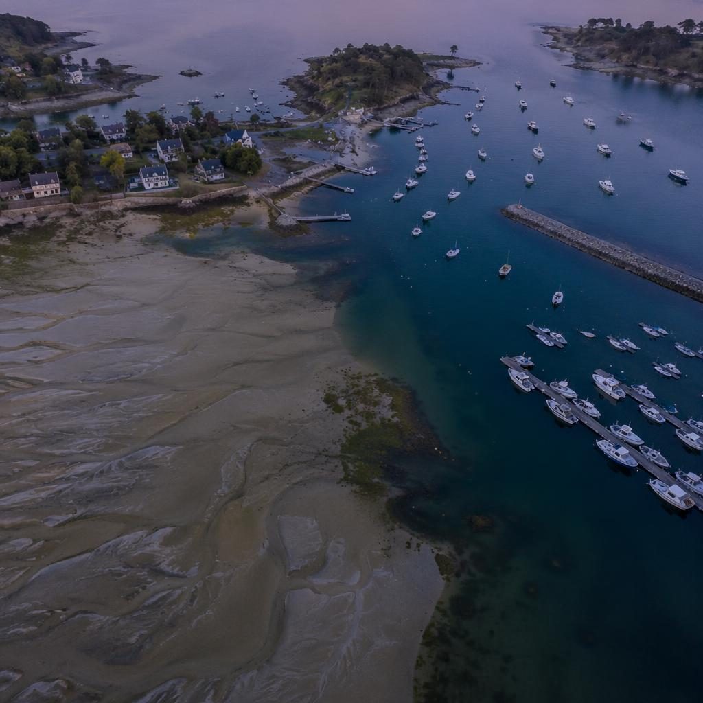 Drone aerial view of a harbor with boats at blue hour, low tide beach tracks, muted pastel tones, and sharp oblique detail.