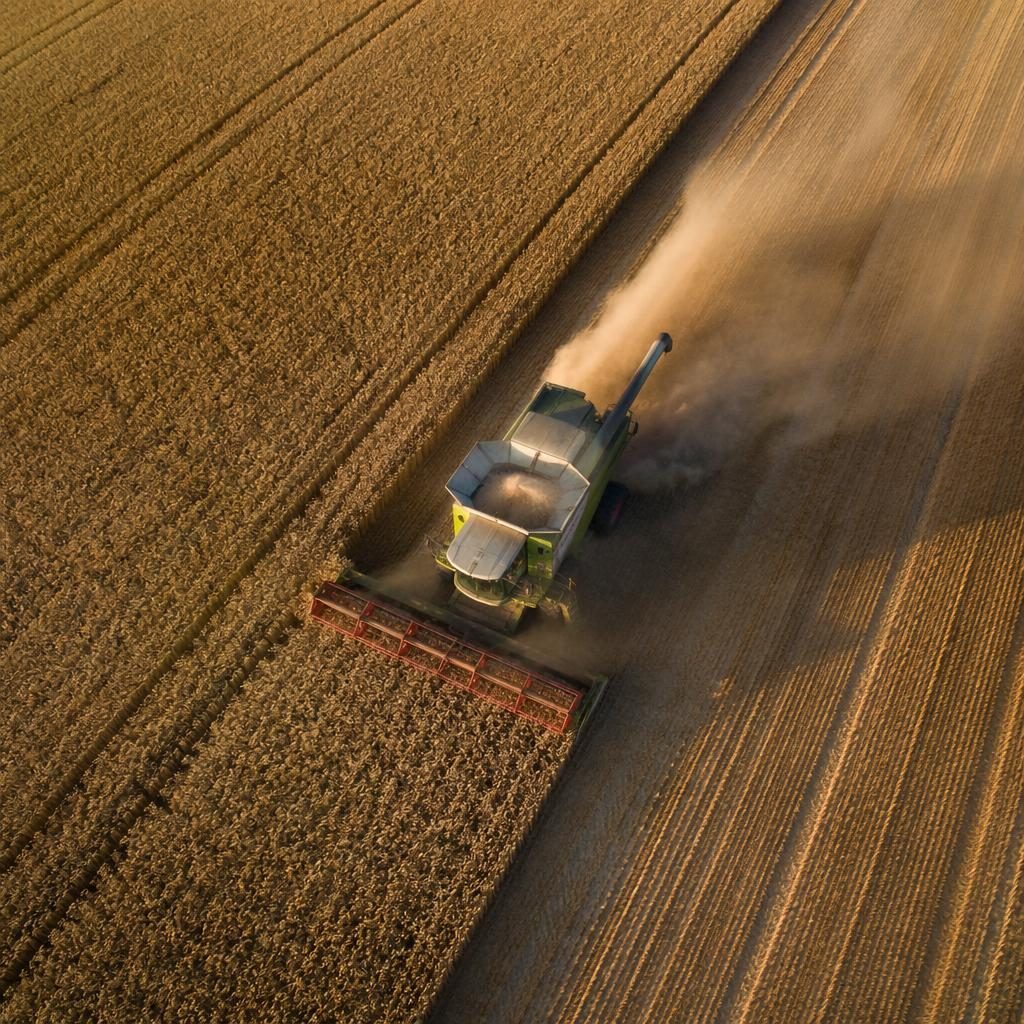 Schräg gekippte Drohnenaufnahme eines Mähdreschers im Weizenfeld bei Dämmerung, mit satten natürlichen Farben.