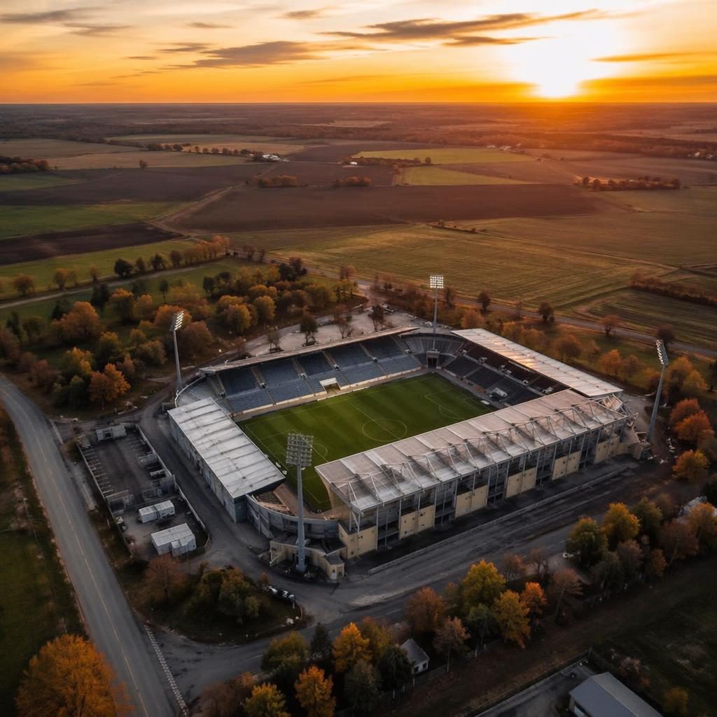 Vista aérea inclinada de un estadio de fútbol al atardecer, rodeado de campos en mosaico con tonos otoñales.