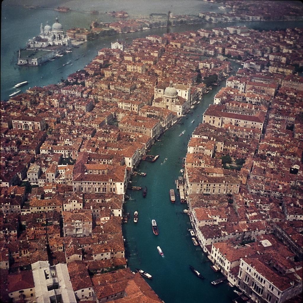 Vista aérea cenital de una isla tropical con canales en cuadrícula al amanecer, cielo nublado y colores vibrantes.