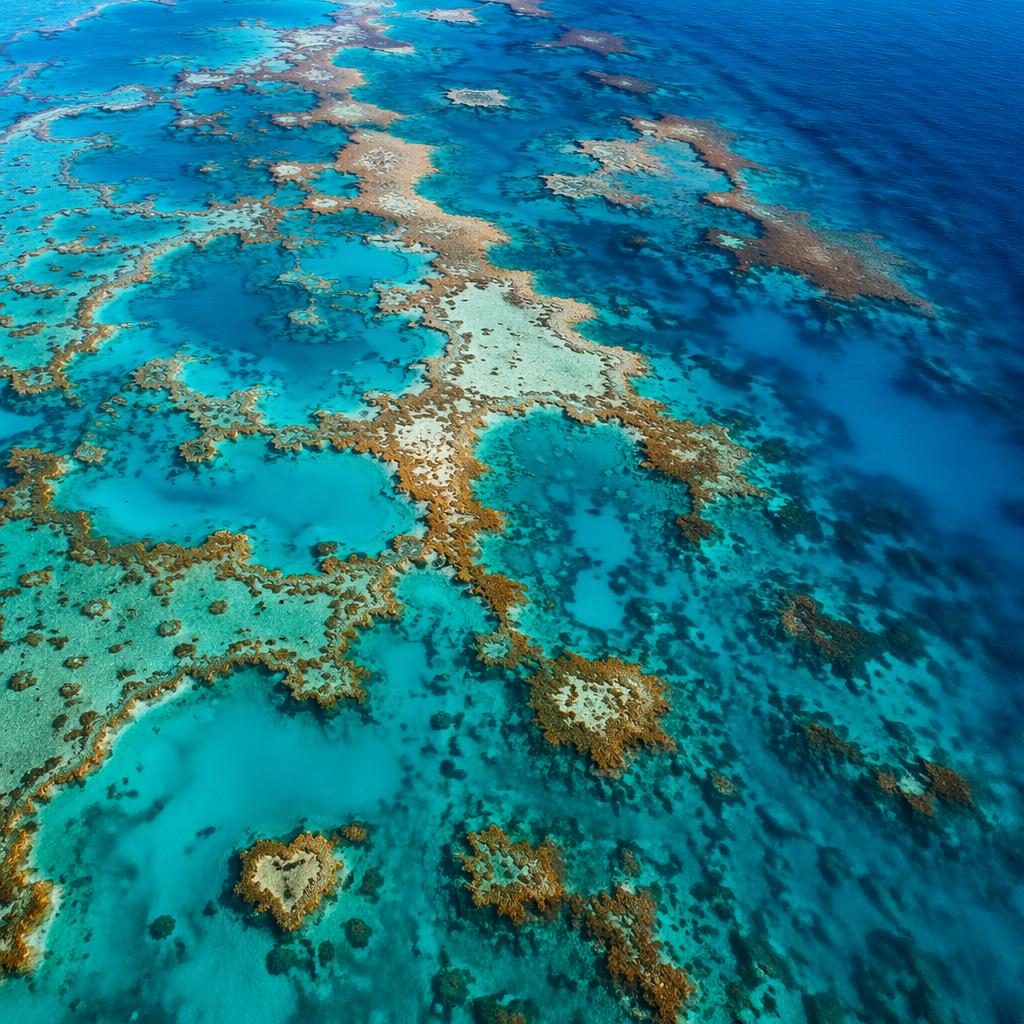 Top-down drone view of Great Barrier Reef coral patterns at golden hour with vivid tropical colors and sharp detail.