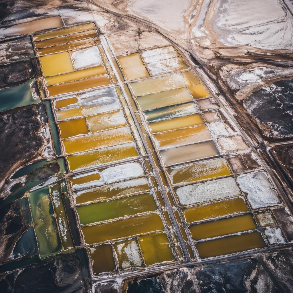 Top-down drone view of an industrial port at night with city lights, wide panoramic layout and salt-flat-like patterns.